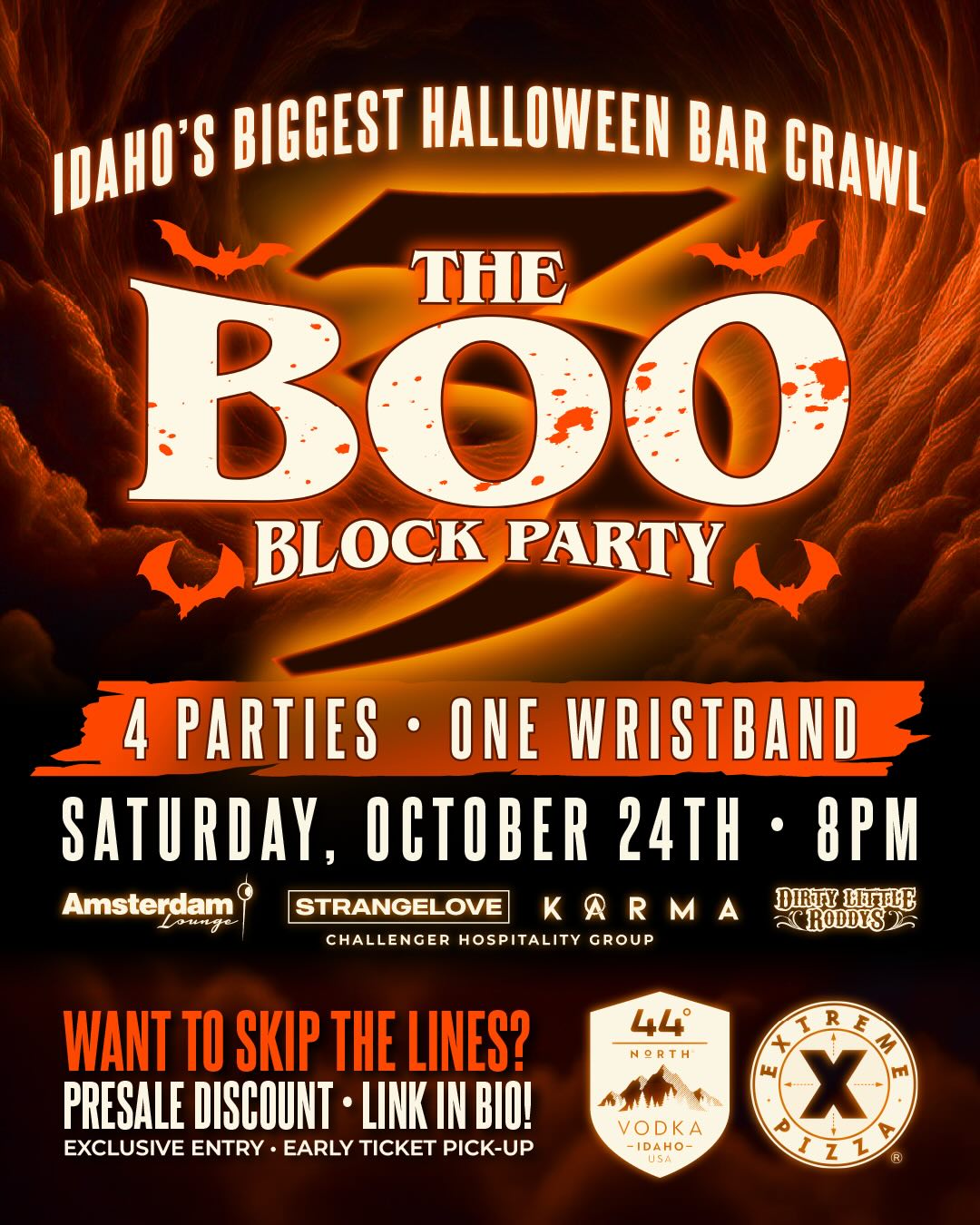 The Boo 3 Post poster for the Boo 3 Halloween Block Party and Bar Crawl in downtown Boise, Idaho at Amsterdam Lounge, Karma, StrangeLove, and Dirty Little Roddy's